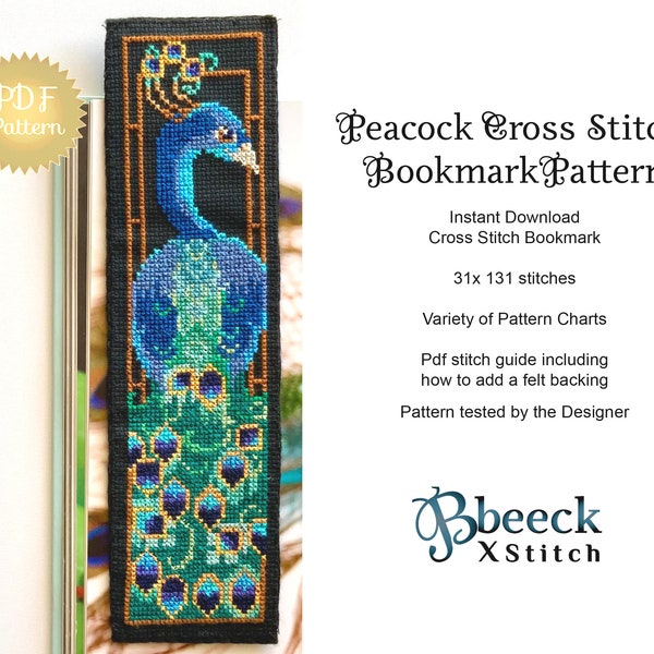 Bookmark Cross Stitch Pattern, Peacock cross stitch. Peacock bookmark, Bird bookmark. Book Mark Hand Made.