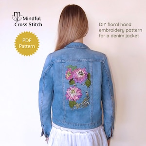 Floral Embroidery Pattern Pdf for Embroidered Denim Jacket. Dahlia