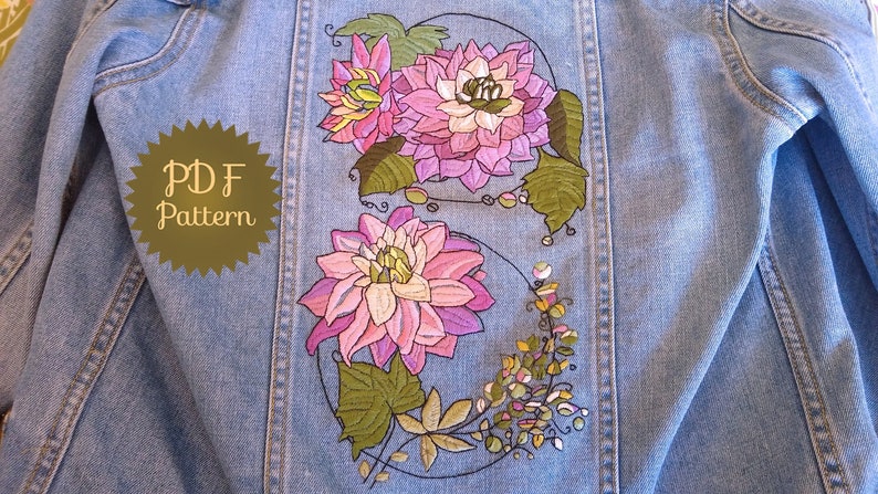 Veste en jean brodée, broderie Dahlia, motif de broderie pivoine. Motifs de broderie à la main pour embellir la veste en jean. image 2