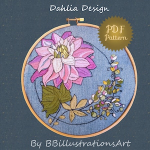 Dahlia Embroidery - Floral Hand Embroidery Pattern. Dahlia Wall Art - Pink Dahlia. Dahlia Art - Embroidery Hoop Wall Art. Pink Boho Wall Art