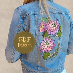 Veste en jean brodée, broderie Dahlia, motif de broderie pivoine. Motifs de broderie à la main pour embellir la veste en jean. image 3