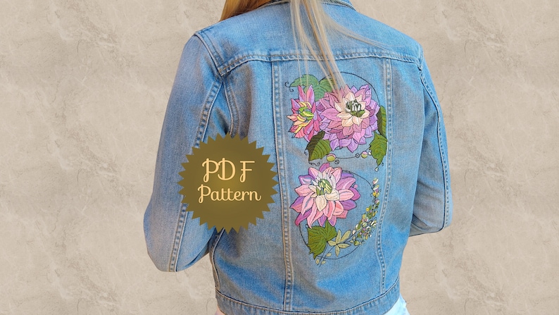 Veste en jean brodée, broderie Dahlia, motif de broderie pivoine. Motifs de broderie à la main pour embellir la veste en jean. image 3