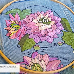 Veste en jean brodée, broderie Dahlia, motif de broderie pivoine. Motifs de broderie à la main pour embellir la veste en jean. image 8