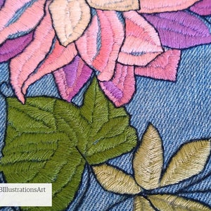 Veste en jean brodée, broderie Dahlia, motif de broderie pivoine. Motifs de broderie à la main pour embellir la veste en jean. image 9