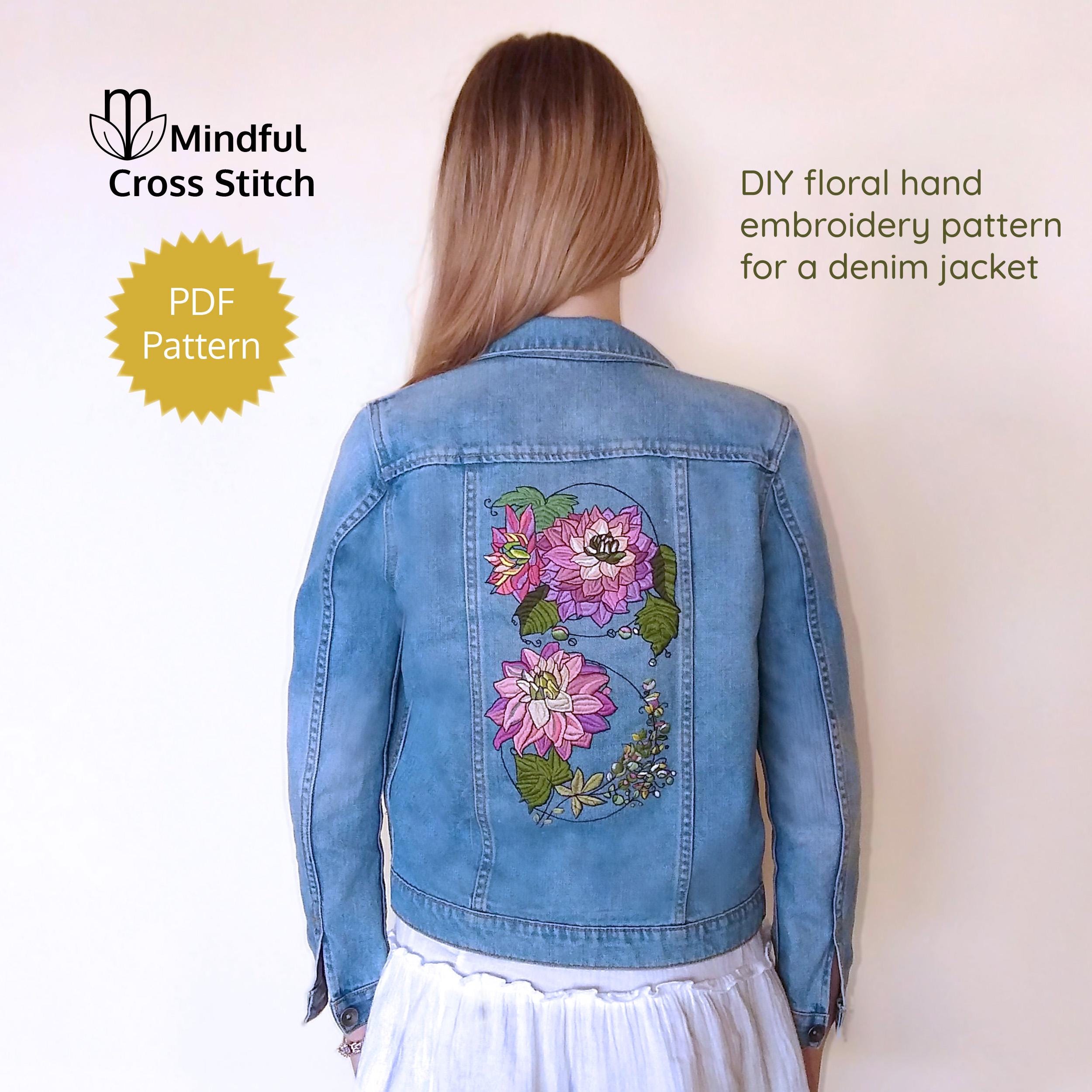 Floral Embroidery Pattern Pdf for Embroidered Denim Jacket. Dahlia