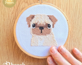 Pug Cross Stitch Pattern, Tiny Puppy Dog Portrait. Instant Download PDF Pattern.
