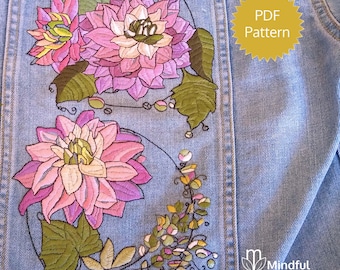 Floral Embroidery Pattern Pdf for Embroidered Denim Jacket. Dahlia