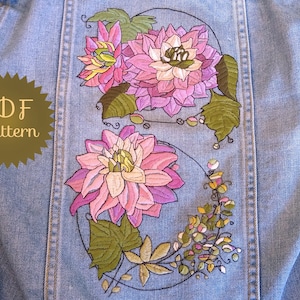Patrón de bordado floral en pdf para chaqueta vaquera bordada. Bordado de dalias para chaquetas vaqueras adornadas. Chaqueta vaquera reciclada, mezclilla DIY