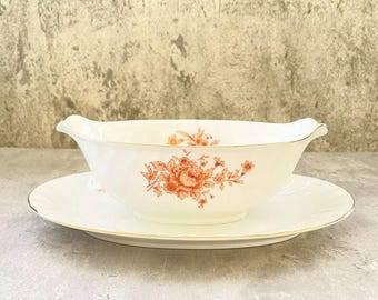 Vintage Sango Classique Gravy Boat Attached Underplate Benham Pattern - Peach Floral Sauce Boat Gold Trim Japanese Fine China