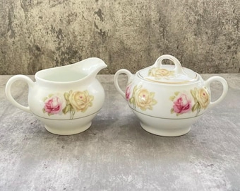 Antique ZS Co Bavaria Sugar and Creamer Set Pink Yellow Roses German Porcelain Cream Pitcher Lidded Sugar Bowl Cottagecore