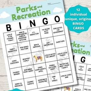 Parks and Recreation Bingo, (conjunto de 12) download DIGITAL, para impressão, jogo de festa Parks and Rec, imprimir em casa, Leslie Knope, Ron Swanson