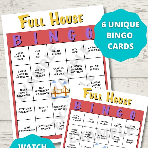 Full House Bingo, (set of 6) DIGITAL download, printable, Full House television party game, print at home, Uncle Jesse, DJ Tanner, Michelle