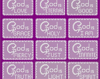 May include: Nine white crocheted doilies with the text "God is" and "God is Grace" repeated on each doily. The doilies are on a purple background.
