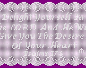 Christian Theme Delight In The Lord Filet Crochet Table Runner or Wall Decor Pattern and Charts, Instant Download PDF,  Thread Crochet