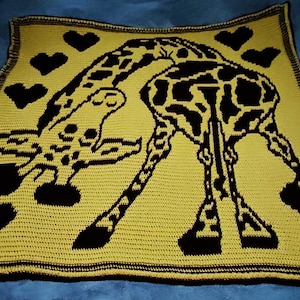 Giraffe liefdesafdrukken deken overlay mozaïek haakpatroon, pdf direct download, Excel-grafiek Amerikaanse voorwaarden, rij voor rij geschreven, grafieken met X gemarkeerd.