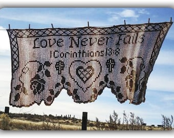 Love Never Fails Prayer Shawl Filet Crochet Pattern and Charts, Christian Theme Crochet, Instant Digital PDF Download, 1 Corinthians 13:8