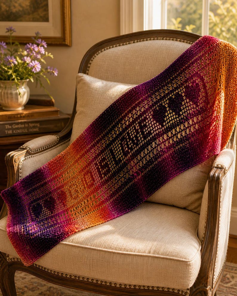 May include: A rectangular crochet shawl featuring a vibrant gradient of purple, magenta, and orange yarn. The openwork fabric displays the word BELIEVE in a repeating pattern, interspersed with heart shapes, creating a textured, colorful textile.