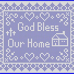 以下が含まれることがあります： 青い背景に白いレースのドイリー。ドイリーは、中央の円と繰り返しの形を持つ幾何学的なパターンを持っています。