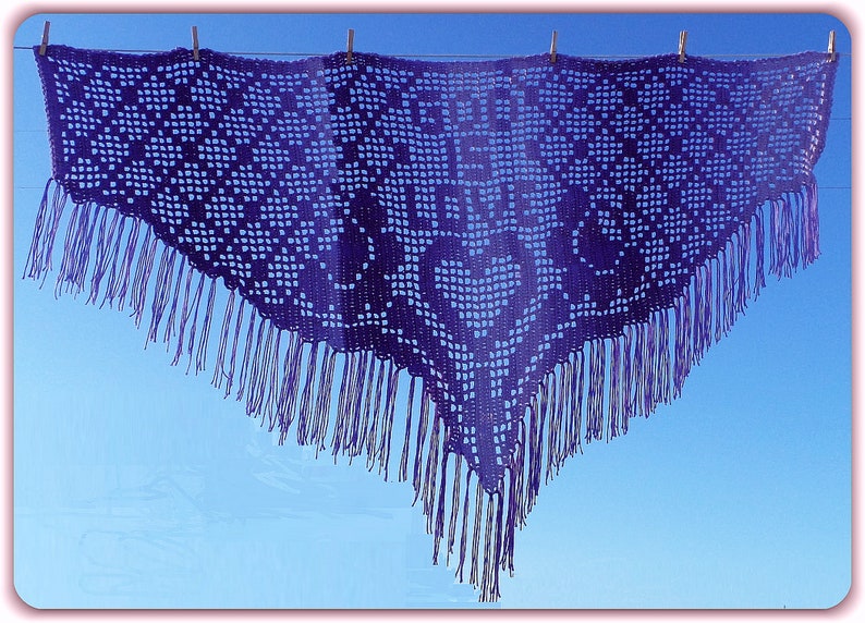 May include: A purple crocheted shawl with a fringe border hanging on a washing line against a blue sky.
