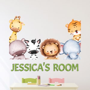 Adesivo de parede personalizado da selva, sala de jogos com tema de safári, decoração fofa para berçário, decalque de parede com nome, presentes para bebês