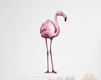 Adhesivo de pared realista de flamenco en acuarela, decoración de pared para sala de juegos infantil, arte de pared de flamenco para habitación infantil, calcomanía de pájaro tropical para paredes