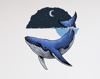 Adesivo da parete con balena, luna e stelle - Arte murale naturalistica - Murale marino - Decorazione per cameretta dei bambini - Vita marina - TheVinylCreations -