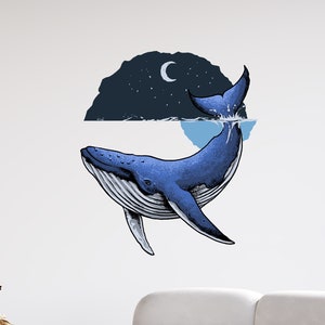 Whale with Moon And Stars Wall Sticker - Nature Wall Art - Ocean Wall Mural - Sea Nursery Decor - Sea Life - TheVinylCreations -