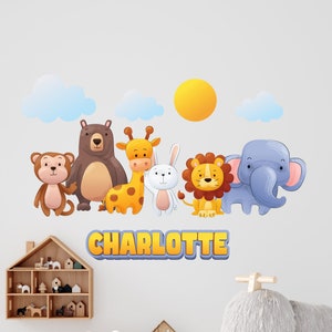 Adesivo de parede Safari, Adesivo de parede com nome, Decoração de berçário de zoológico, Arte de parede com nome infantil, Adesivo de parede de selva, Arte de parede personalizada com tema de selva