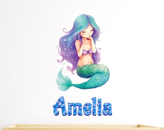 XLarge Watercolor Mermaid Wall Decal - Personalised Mermaid Girls Name Sticker - Princess Room Decor - TheVinylCreations