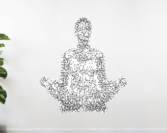 Peut inclure: Un mur blanc avec une silhouette noire d'une personne en position de yoga faite de petits points. Une plante verte en pot se trouve dans le coin inférieur gauche de l'image.