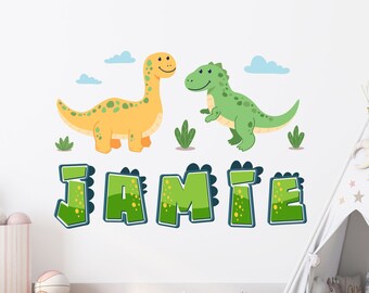 Anpassat väggklistermärke med dinosaurienamn, väggdekal med pojkars namn, personlig dinosaurie-barnrumskonst, väggkonst för barn, söt barnrumsidé