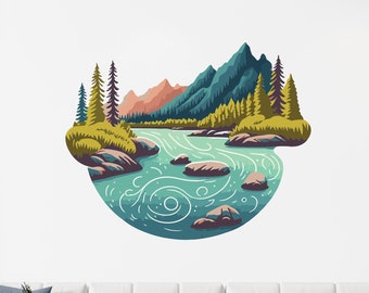 Adhesivo de pared con escena de montaña, arte de pared con paisaje, despegar y pegar, acabado mate extraíble, decoración de habitación infantil, calcomanía de pared para sala de estar