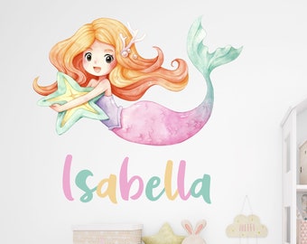 Mermaid Wall Sticker , Mermaid Room Decor , Kids Bedroom Wall Art , Girls Gifts , Custom Nursery Name Decal - Watercolour - Mermaid Name