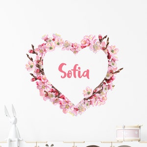 Blumen Name Wandtattoo, Mädchen-Kinderzimmer-Dekor, Mädchen-Schlafzimmer-Namensschild, Individuelle Aufkleber, Blumenwandkunst, Herz Aufkleber