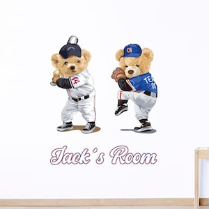 Personalised Teddy Bear Baseball Name Wall Sticker , Custom Name Baseball Wall Decal , Baseball Gifts , Boys Bedroom Decor
