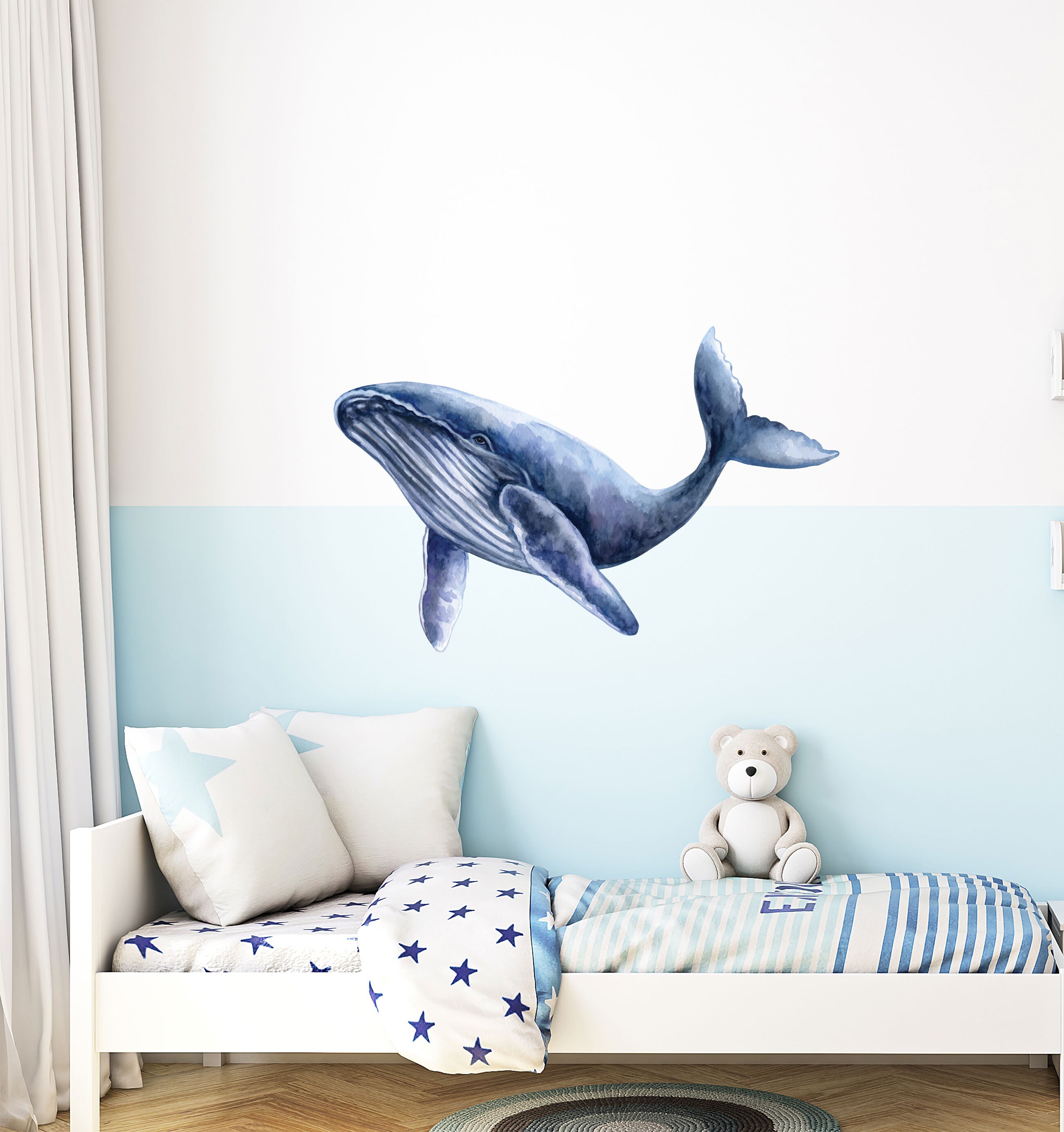 Large Blue Whale Wall Decal , Ocean Theme Nursery , Sea Life Watercolor ...