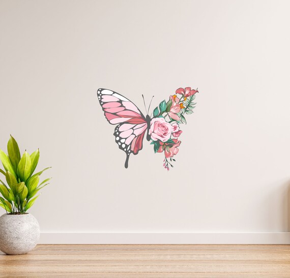 Autocollant mural papillon Autocollants muraux de fleurs Art mural de fleurs  et de papillons Décalcomanies de fleurs pour murs TheVinylCreations -   France