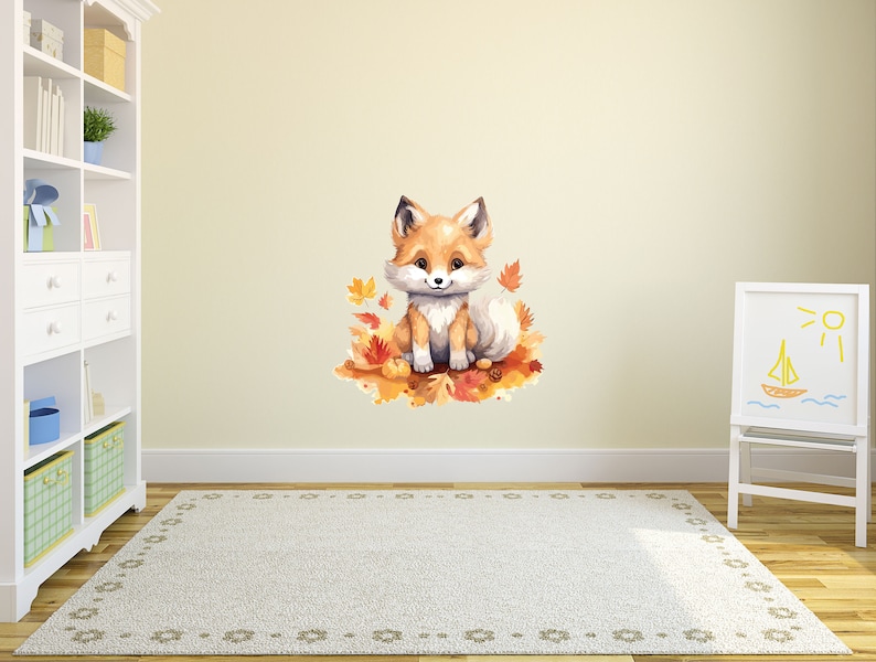 May include: A watercolor illustration of a cute orange fox sitting on a bed of autumn leaves. The fox has a white chest and a fluffy tail.
