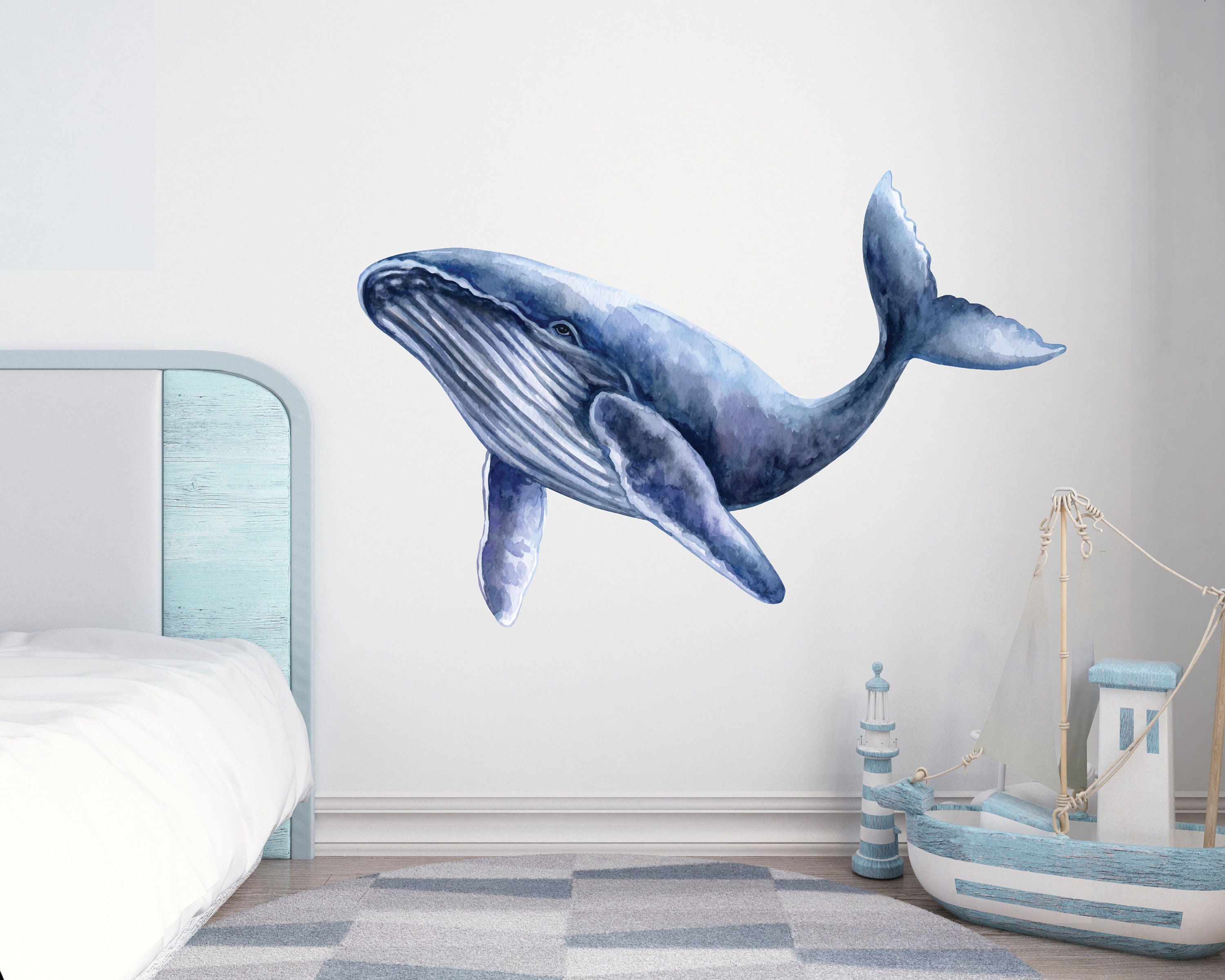 Large Blue Whale Wall Decal , Ocean Theme Nursery , Sea Life Watercolor ...