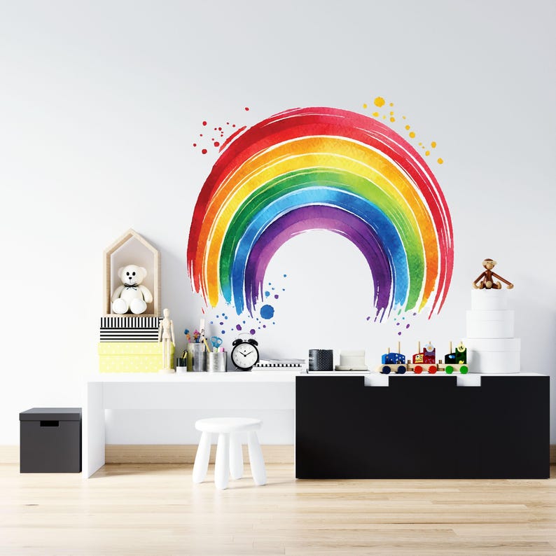 Large Bright Rainbow Wall Decal, Watercolor Nursery Sticker, Baby Room ...