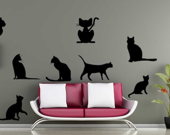 Cat Vinyl Decal Pack Of 8 Variety of Colors - Animal Wall Stickers , Kitten Wall Art , Wall Decoration , Vinyl Transfer , Cat Wall Decal