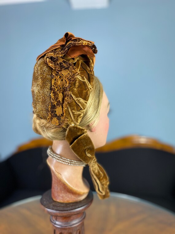 1884 Embroidered Velvet Bonnet, antique bonnet, v… - image 9
