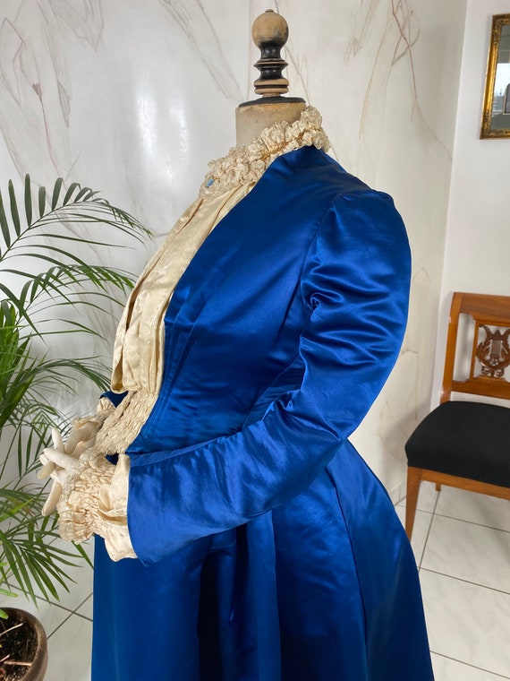 Antique 1890 Royal Blue Satin Maternity Dress, Victorian Gown