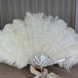 1890-1900 Court presentation fan, antique fan, victorian fan, ostrich feather fan, white feathers, antiker Fächer