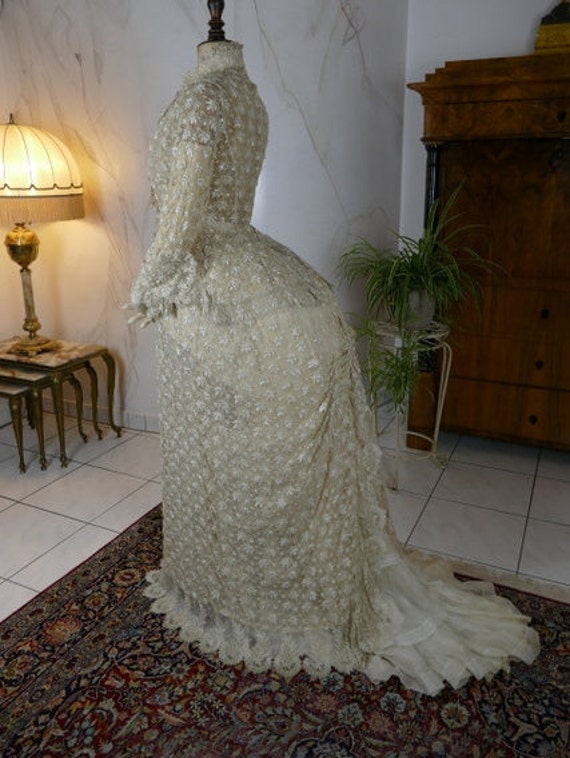 1880s Embroidered Lace Bustle Overgown, antique dr