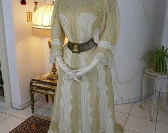 Vestido eduardiano Maheret de 1901, vestido antiguo de encaje de crepé de seda