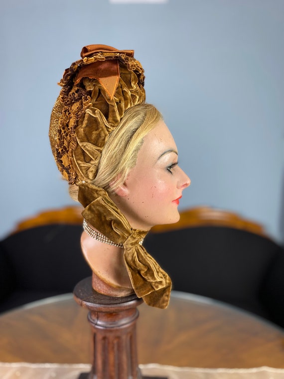 1884 Embroidered Velvet Bonnet, antique bonnet, v… - image 10