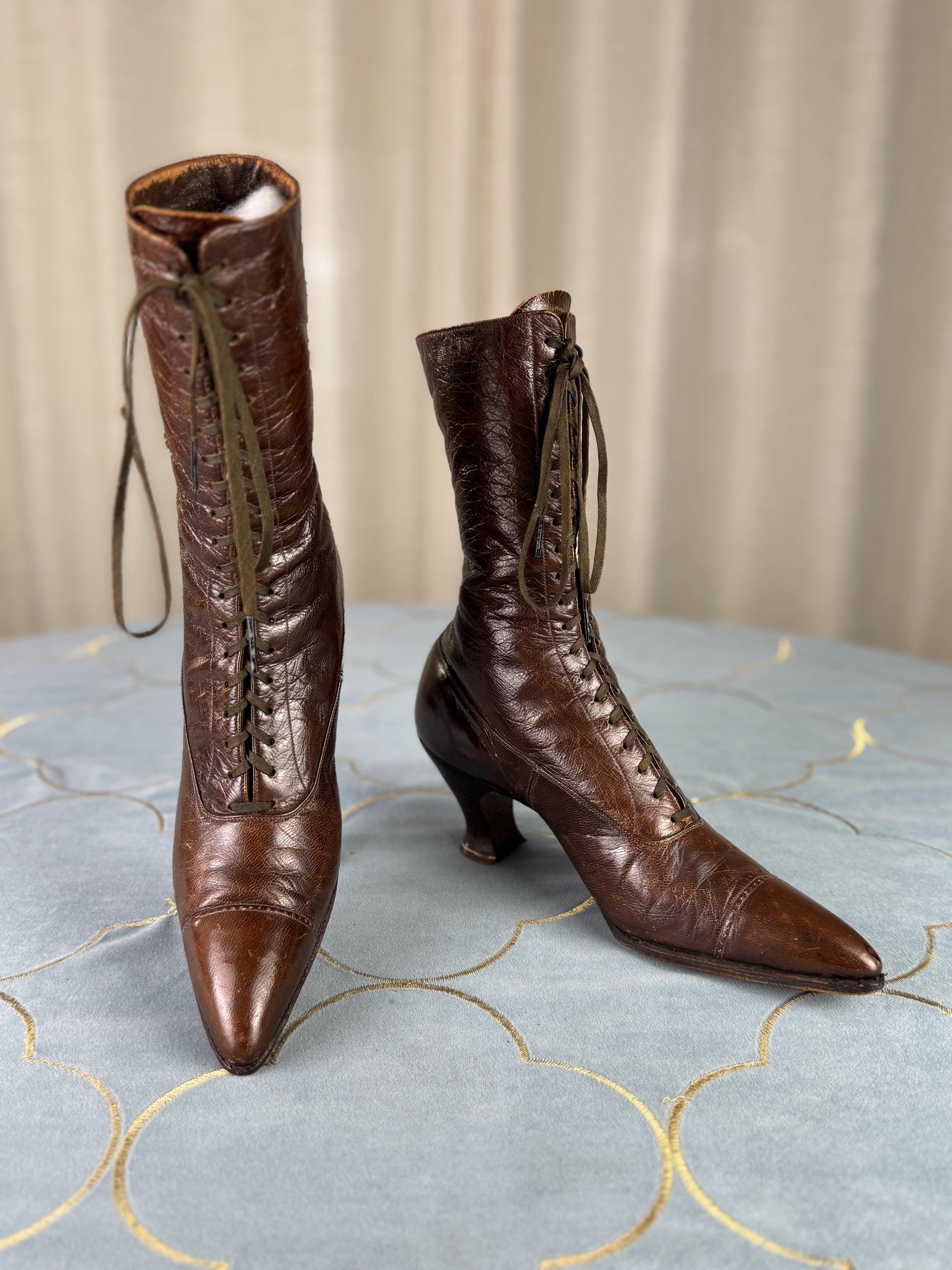 Antique Victorian Leather High Top Boots, French Spool Heel, Ca