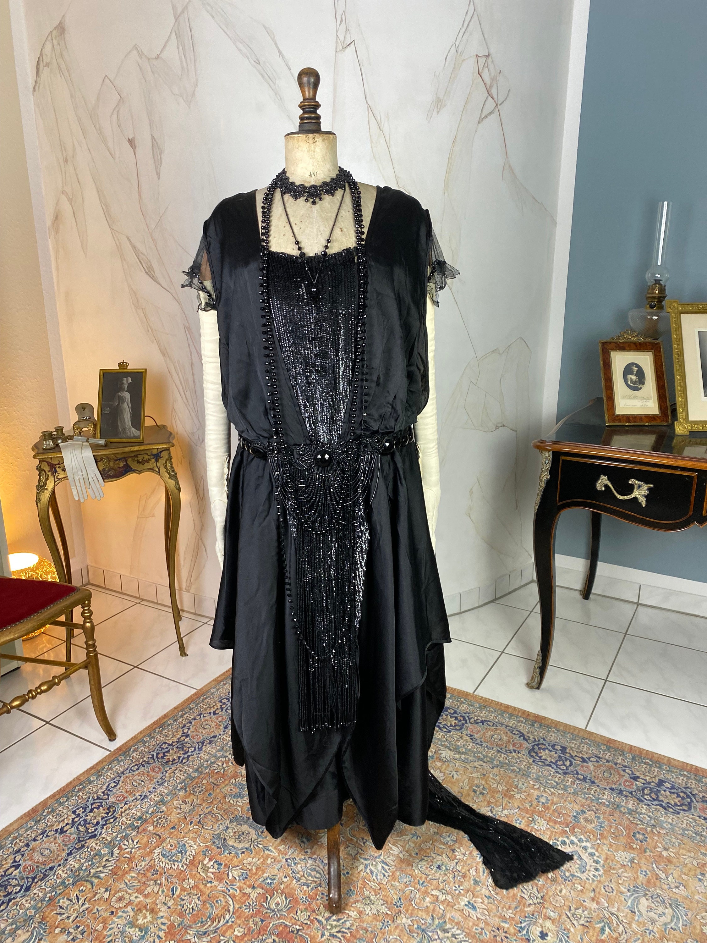 1918 Black Silk Evening Gown, Antique Edwardian Dress, Beaded Train 1918 Black Silk Evening Gown, Antique Edwardian Dress, Beaded Train