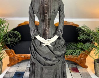 Antique Victorian Bustle Day Dress – American Satin Ensemble circa 1880
